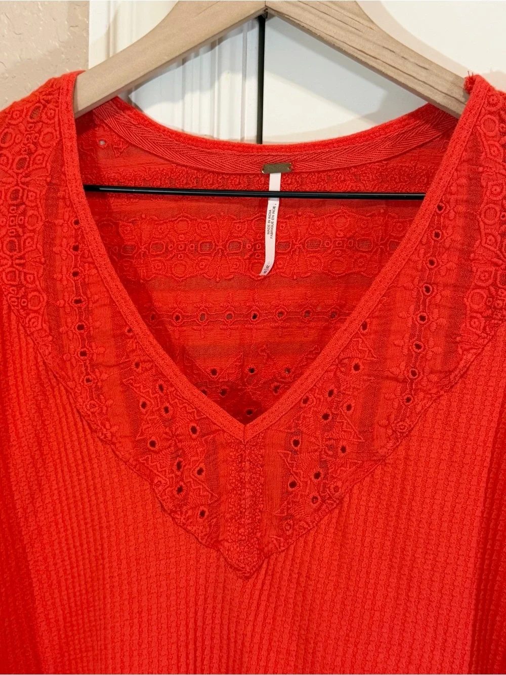 Free People Parisian Vermillion Top Embroidery Eyelet V-Neck Bell Sleeves